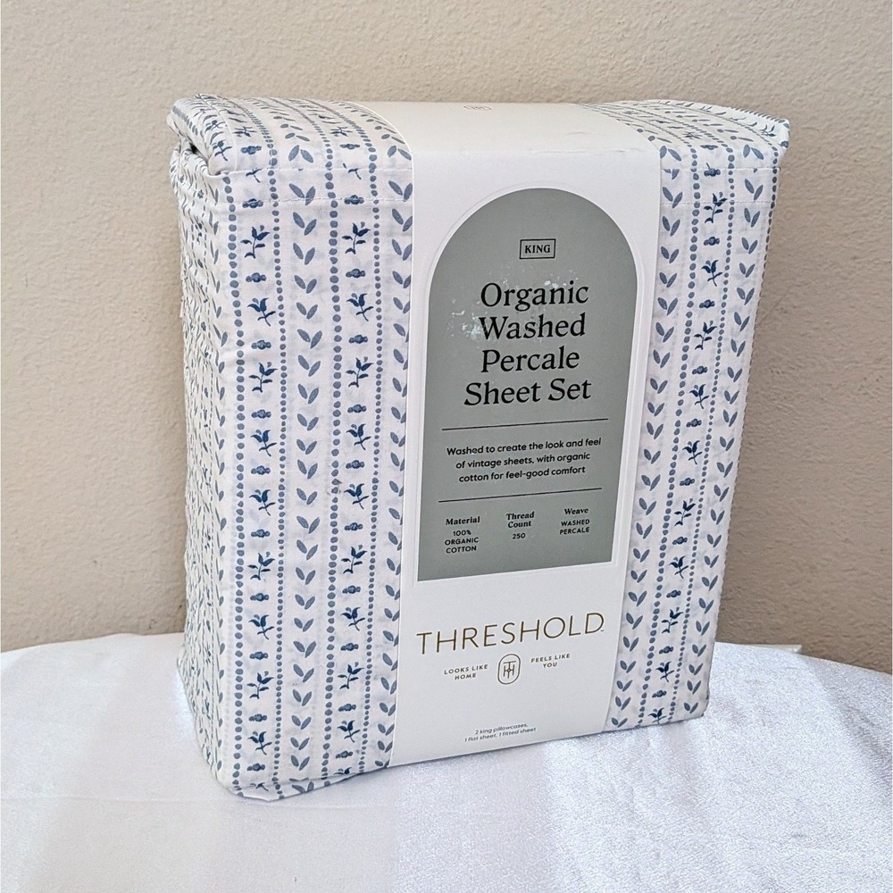 New Threshold Organic Cotton Washed Percale Printed Sheet Set 4-Piece King